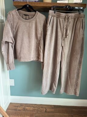 Jane + Delancey Lounge Set XL Taupe Neutral Matching Set Wide Leg Pants Cozy